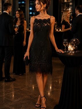 Frank Lyman Design Black Beaded Lace Slip Dress with Feather Hem
